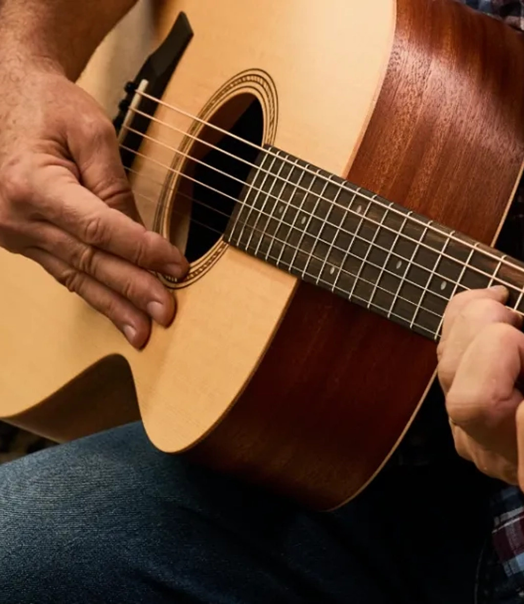 Close up shot of man finger picking guitar