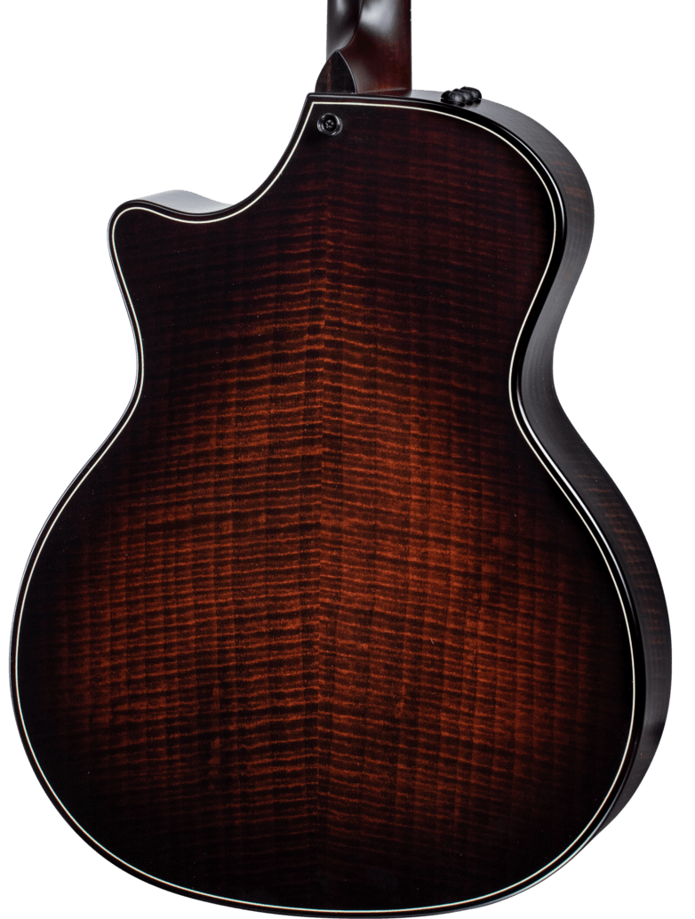 back of a Taylor Builder's Edition 324ce acoustic guitar showing Shamel ash wood