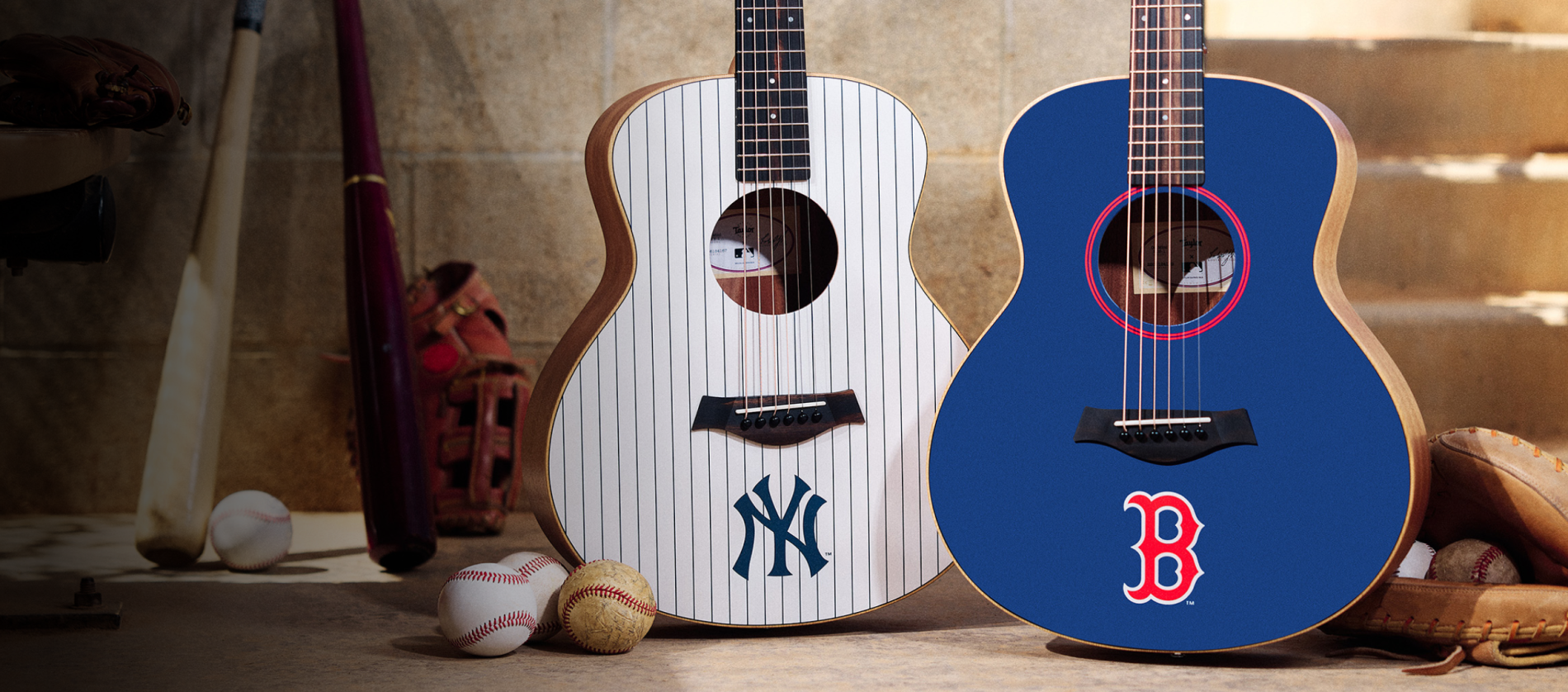 image showing a NY Yankee's Guitar and a Boston Red Sox guitar