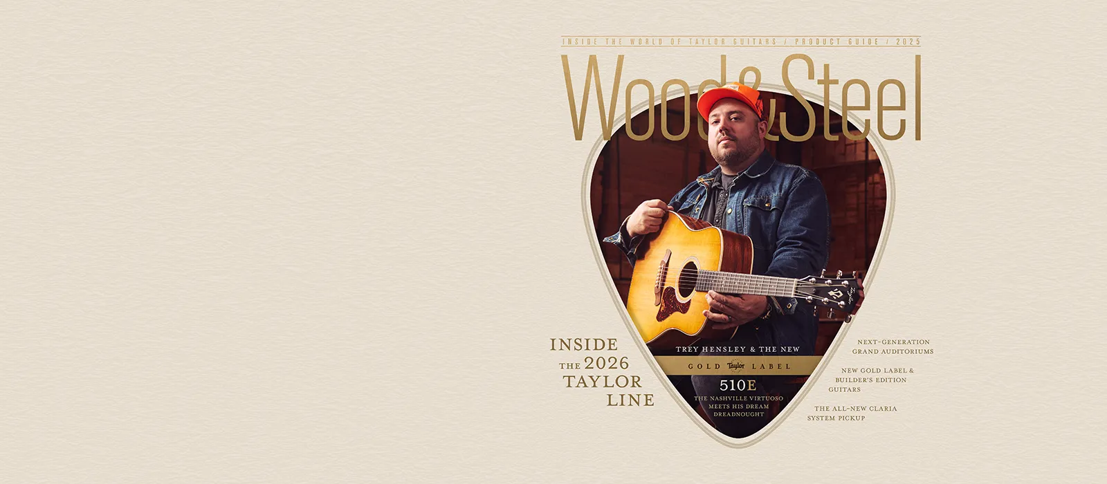 Cover image of Digital Wood&Steel Magazine featuring guitarist Trey Hensley and text indicating main stories