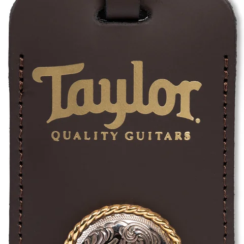 Taylor Leather Luggage Tag W/Concho, Chocolate Brown, Gold Logo