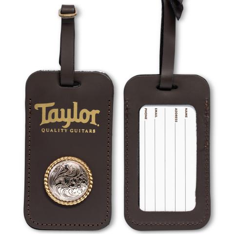 Taylor Leather Luggage Tag W/Concho, Chocolate Brown, Gold Logo