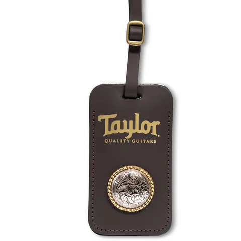 Taylor Leather Luggage Tag W/Concho, Chocolate Brown, Gold Logo