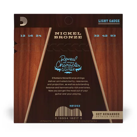D'Addario NB1253 Nickel Bronze Acoustic Guitar Strings, Light, 12-53