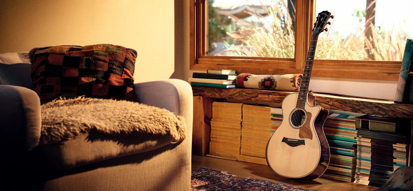 An acoustic Taylor guitar in a sunlit room beside shelves of records and books